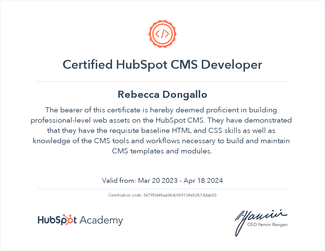 HubSpot Developer Certificate Rebecca Dongallo